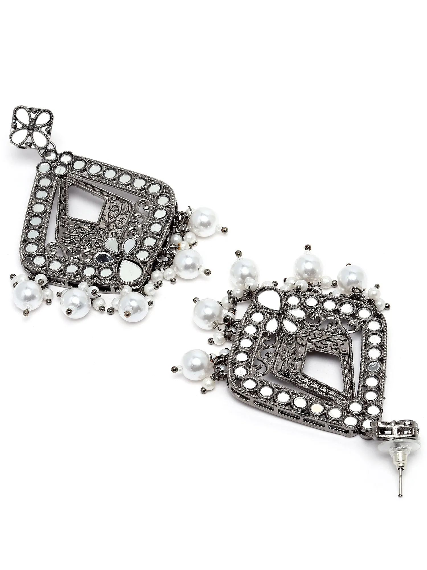 Karatcart Black Silver Plated Mirror Studded Diamond Shape Dangler Earrings for Women