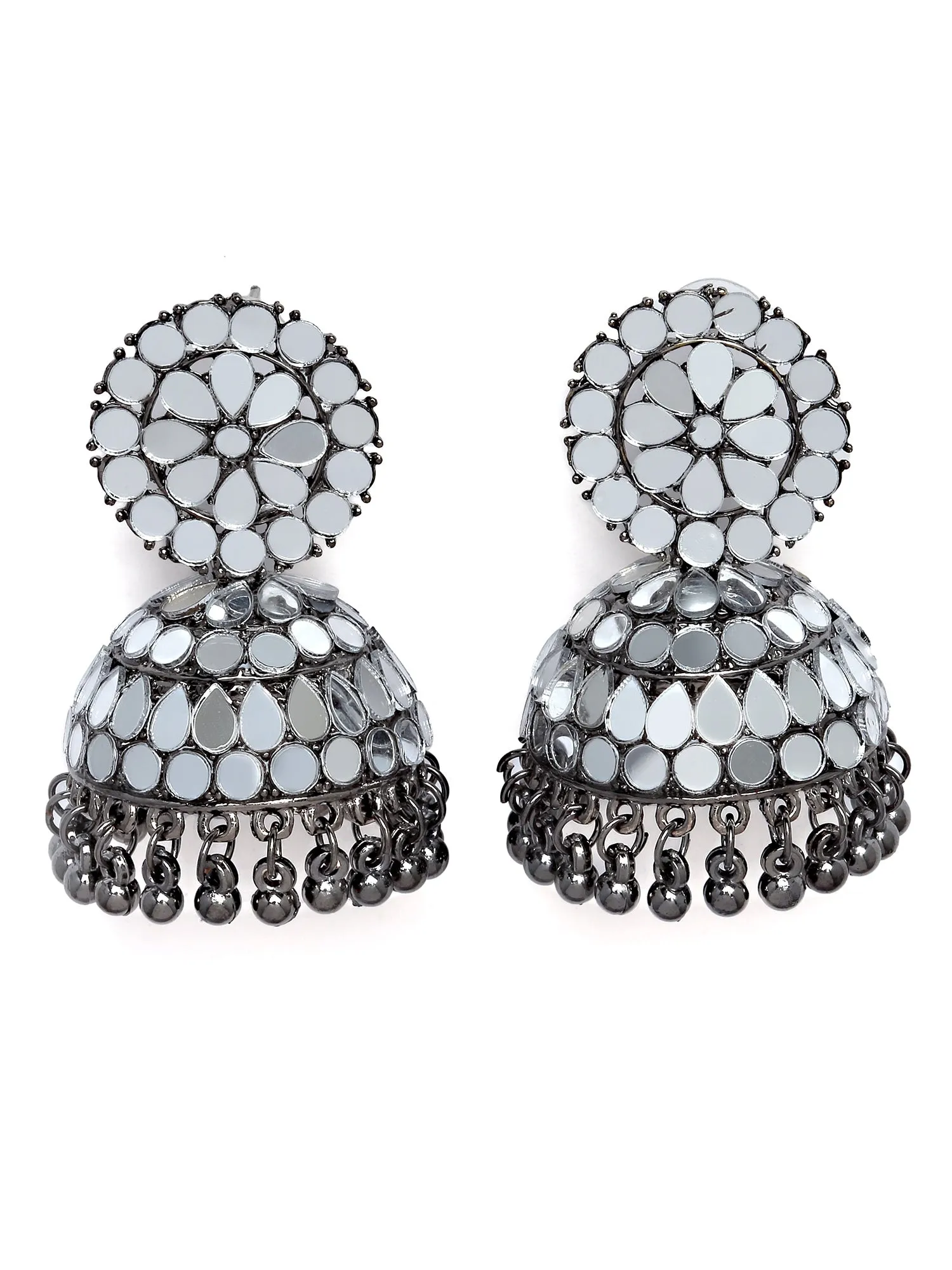 Karatcart Black Silver Plated Mirror Studded Jhumki Earrings for Women