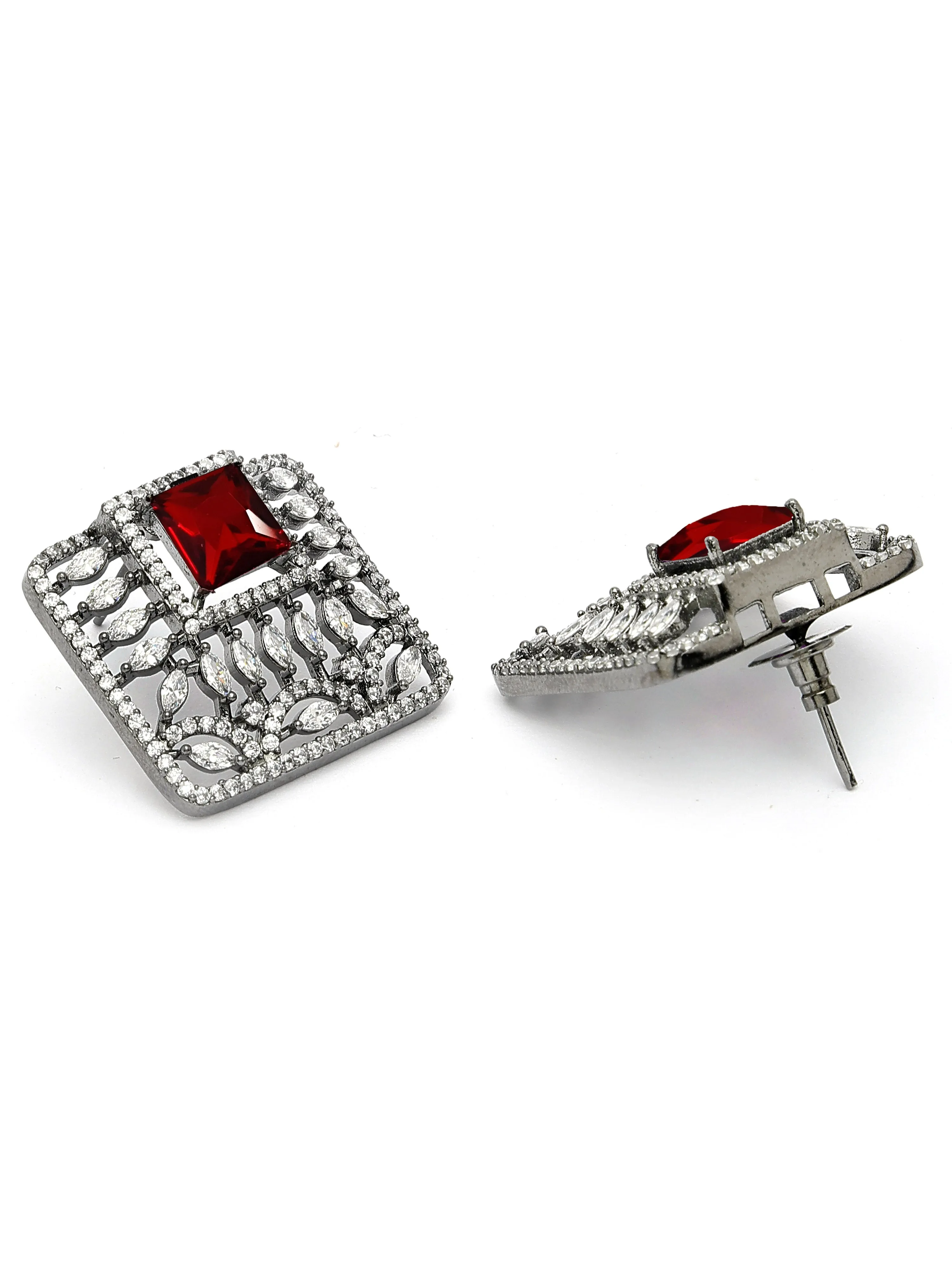 Karatcart Black Silver Plated Red Stones AD Stud Earrings for Women