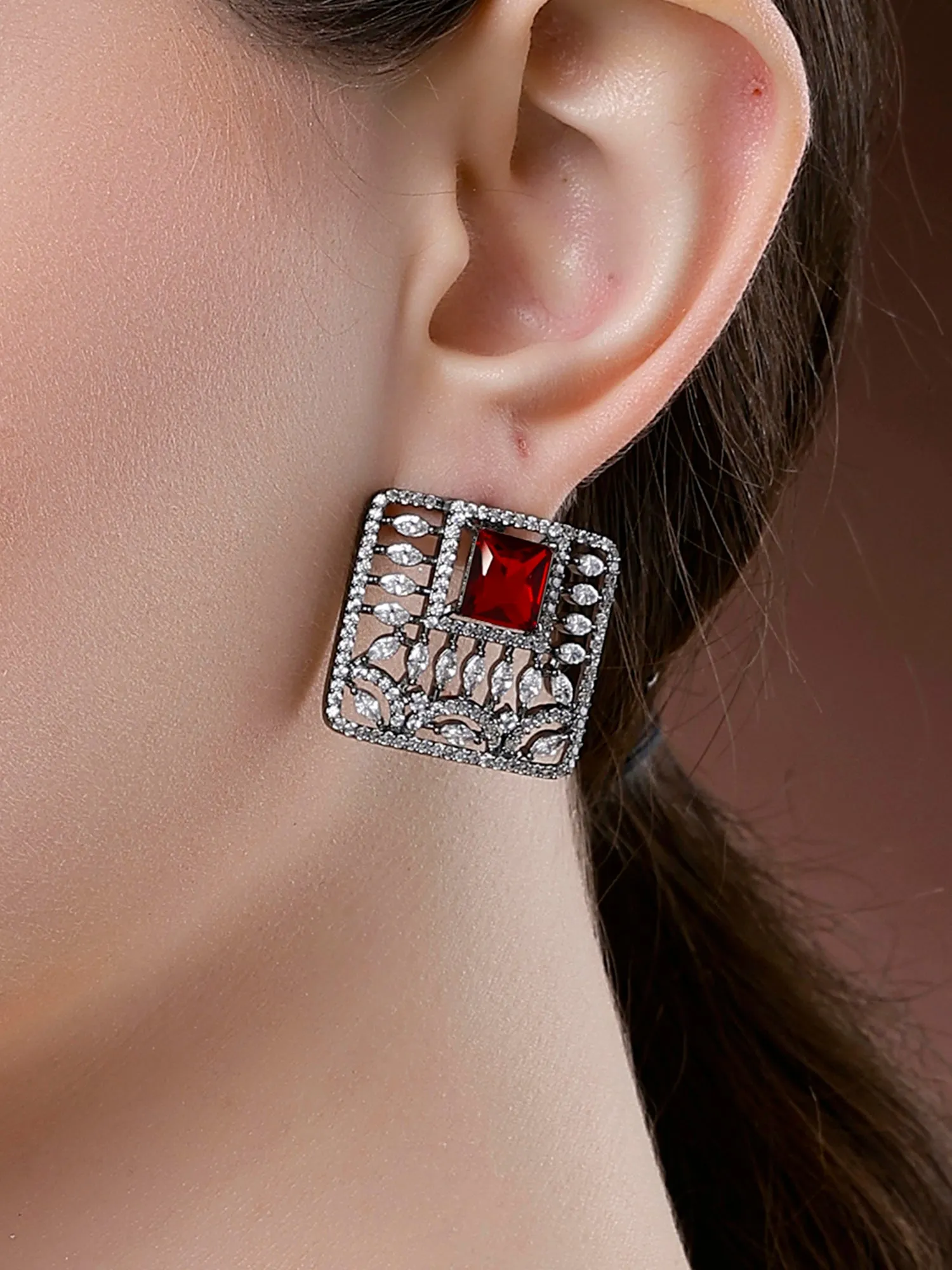 Karatcart Black Silver Plated Red Stones AD Stud Earrings for Women