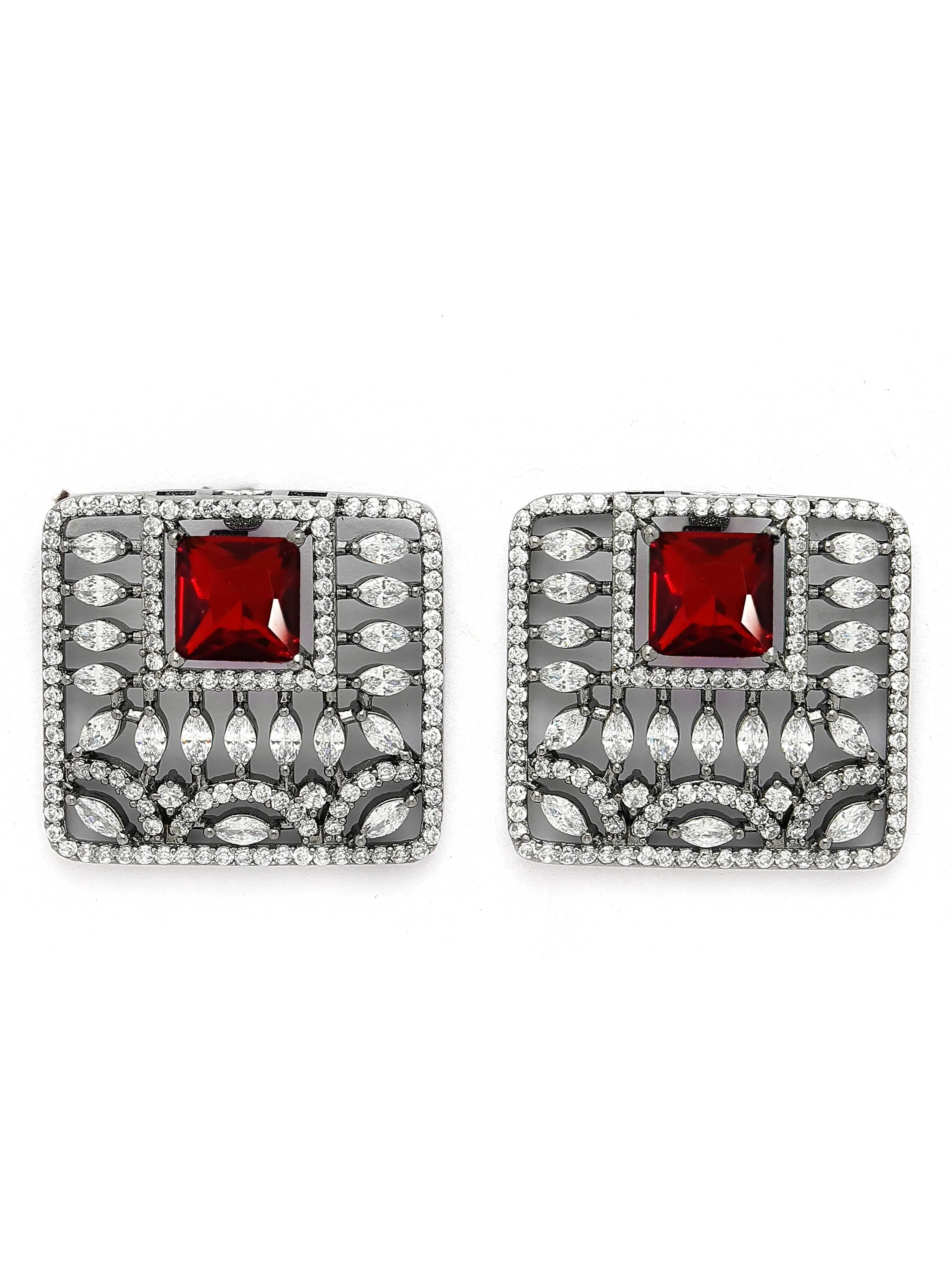 Karatcart Black Silver Plated Red Stones AD Stud Earrings for Women