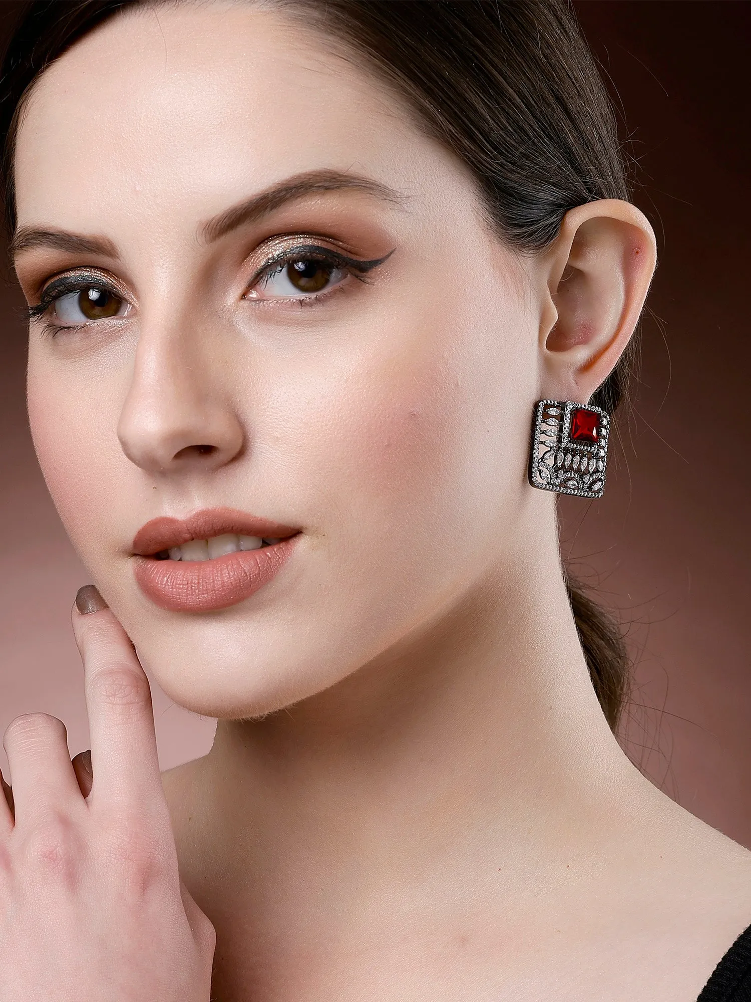 Karatcart Black Silver Plated Red Stones AD Stud Earrings for Women