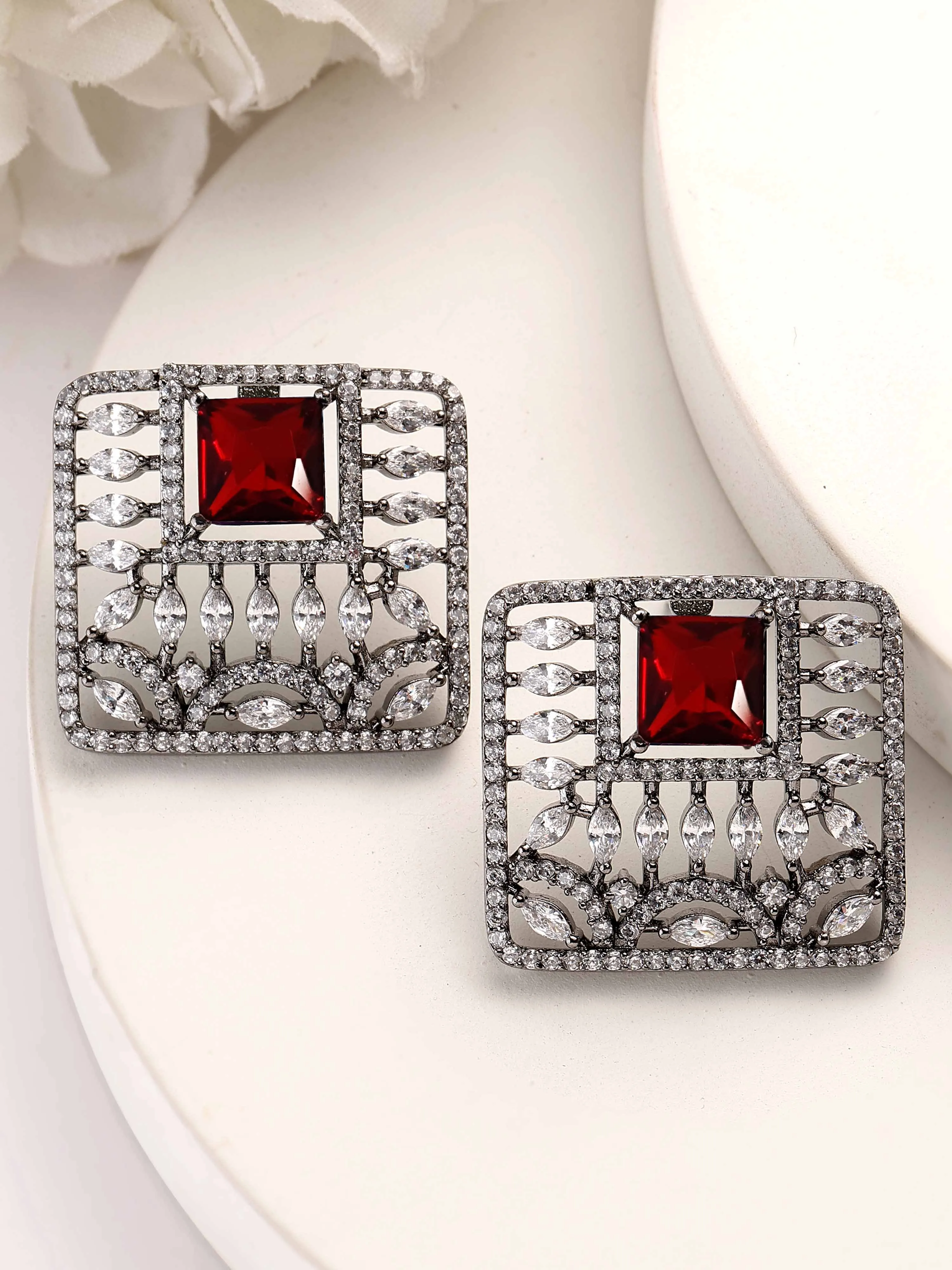 Karatcart Black Silver Plated Red Stones AD Stud Earrings for Women