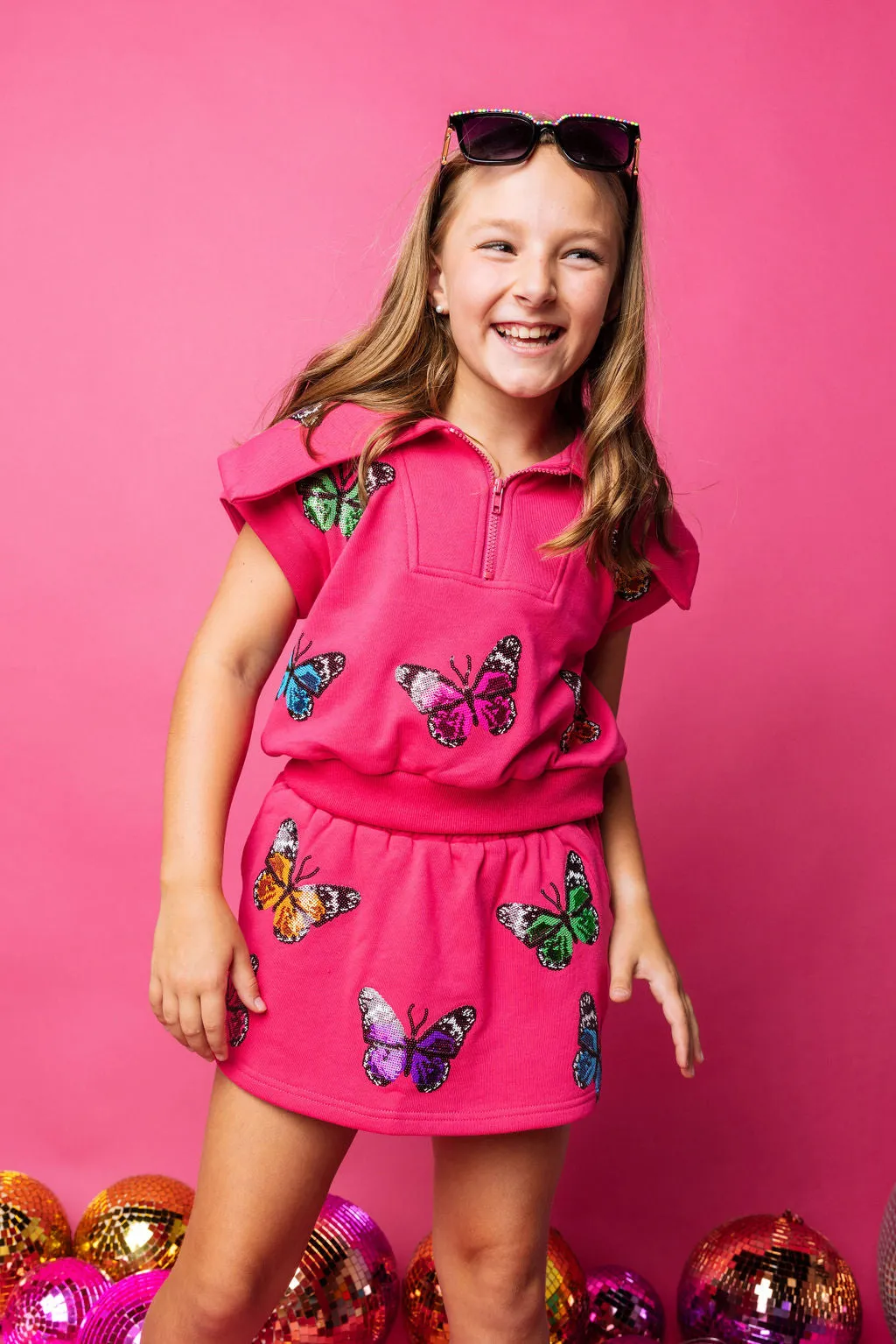 Kids Hot Pink Multi Butterfly Collar Top