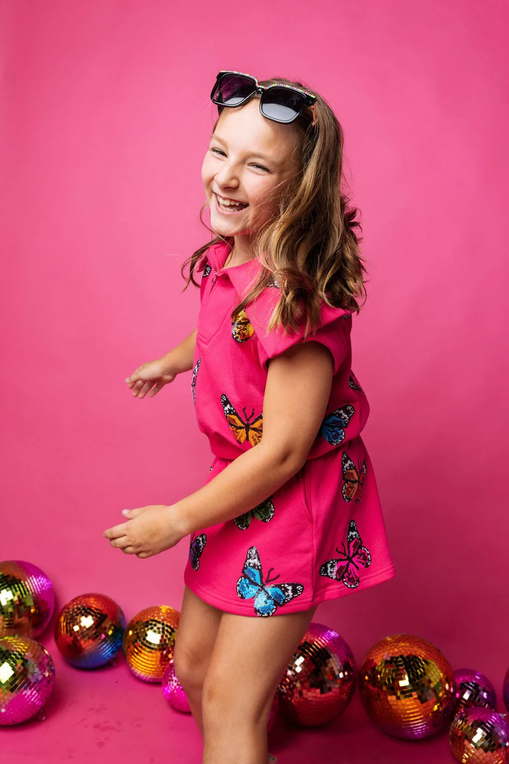 Kids Hot Pink Multi Butterfly Collar Top