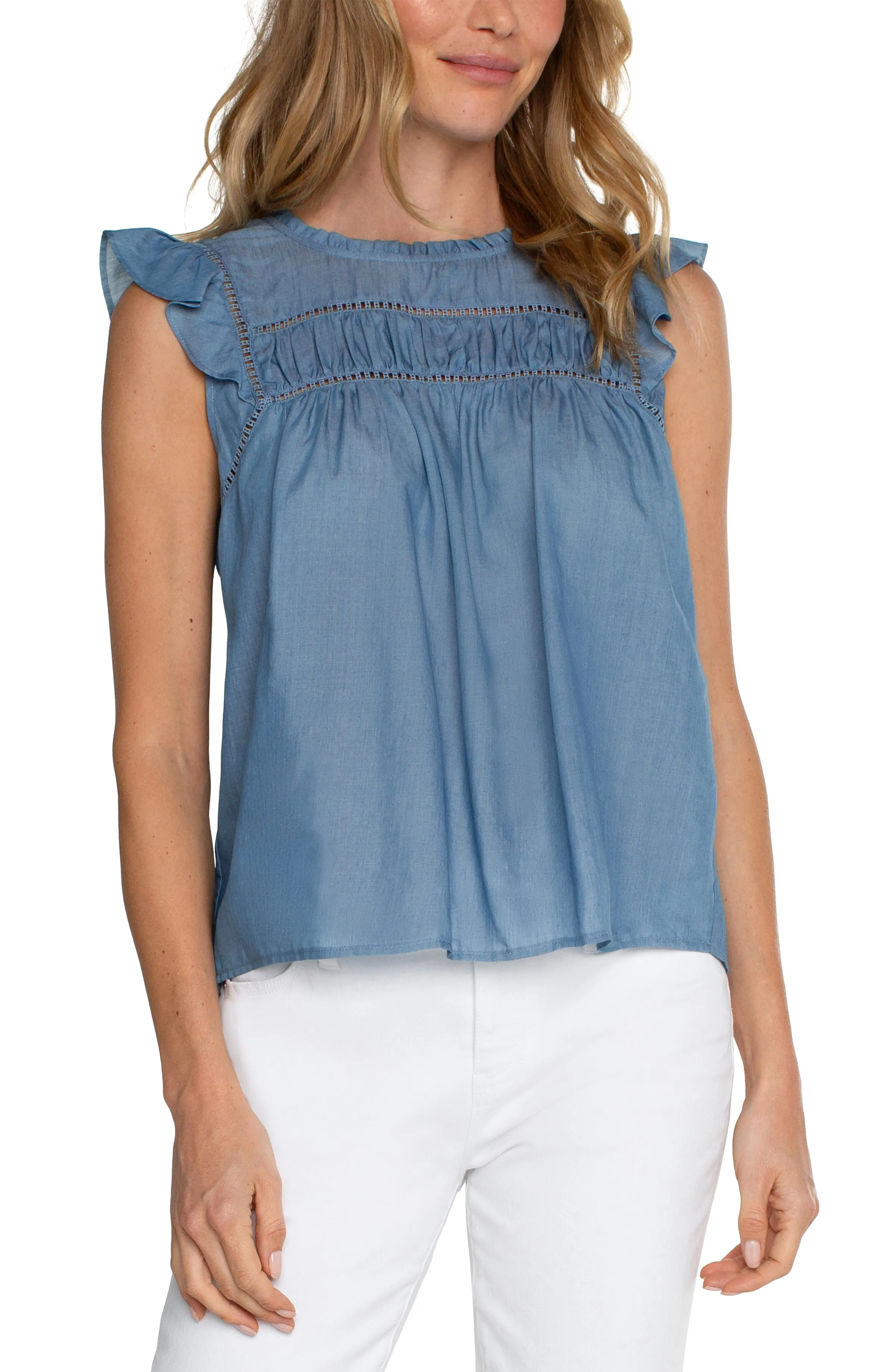 Liverpool Flutter Sleeve Woven Top w/ Trim Detail (bridgeton light)