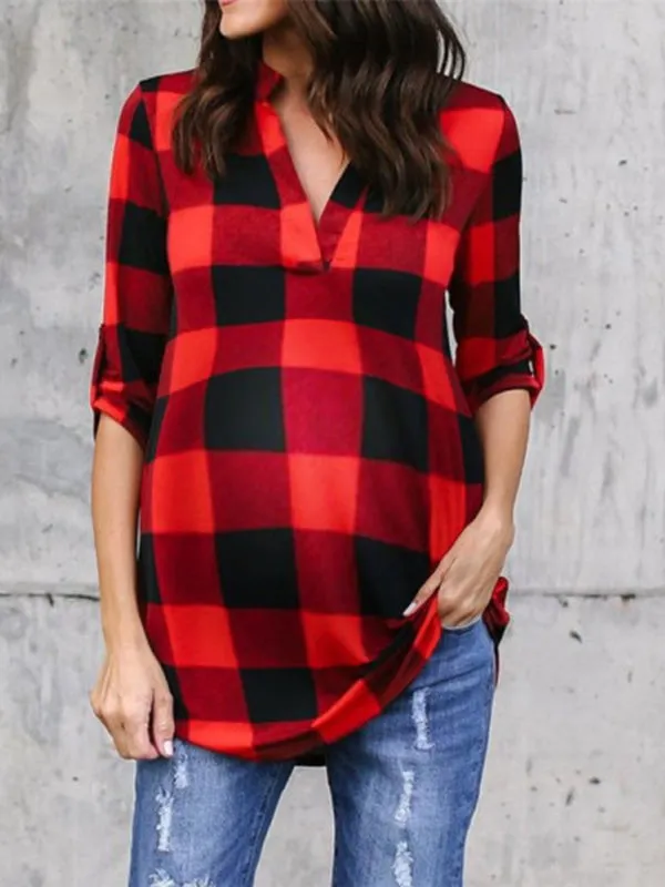 Momnfancy Plaid Print V-neck Long Sleeve Plus Size Maternity Blouse