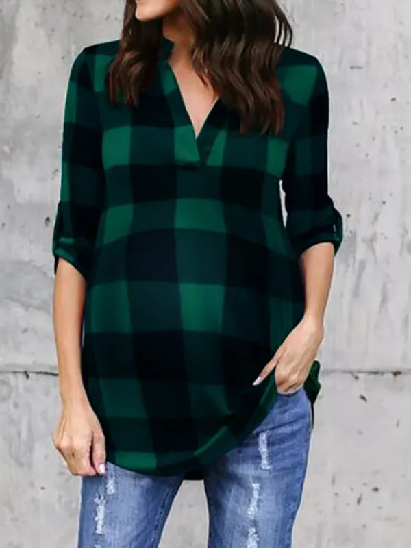 Momnfancy Plaid Print V-neck Long Sleeve Plus Size Maternity Blouse