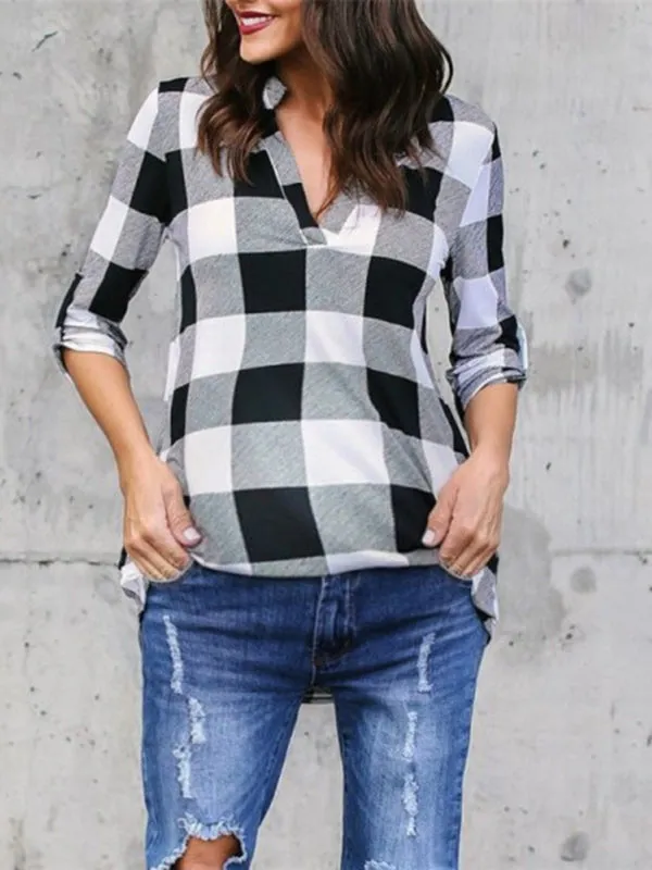 Momnfancy Plaid Print V-neck Long Sleeve Plus Size Maternity Blouse