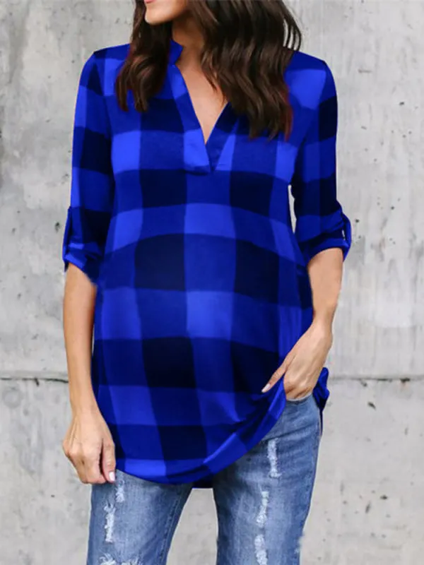 Momnfancy Plaid Print V-neck Long Sleeve Plus Size Maternity Blouse