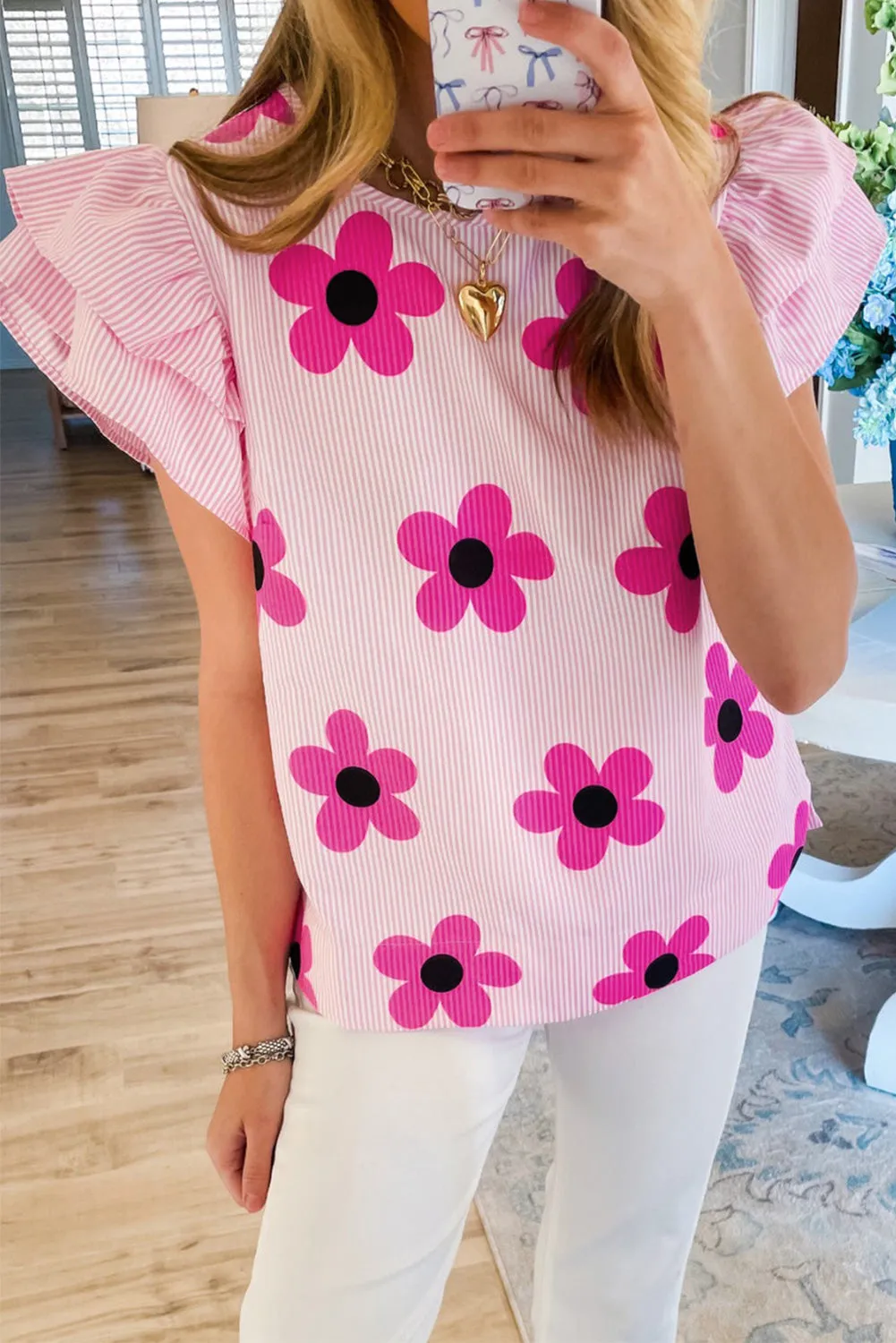 Pink Pinstripe Floral Print Ruffled Flutter Sleeve Blouse