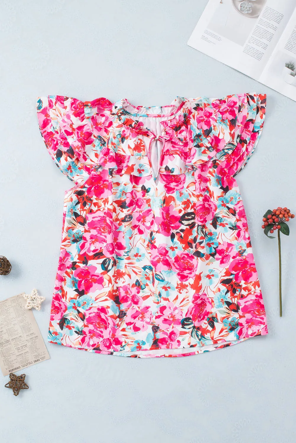 Rose Ruffle Flutter Sleeve Floral Print Blouse