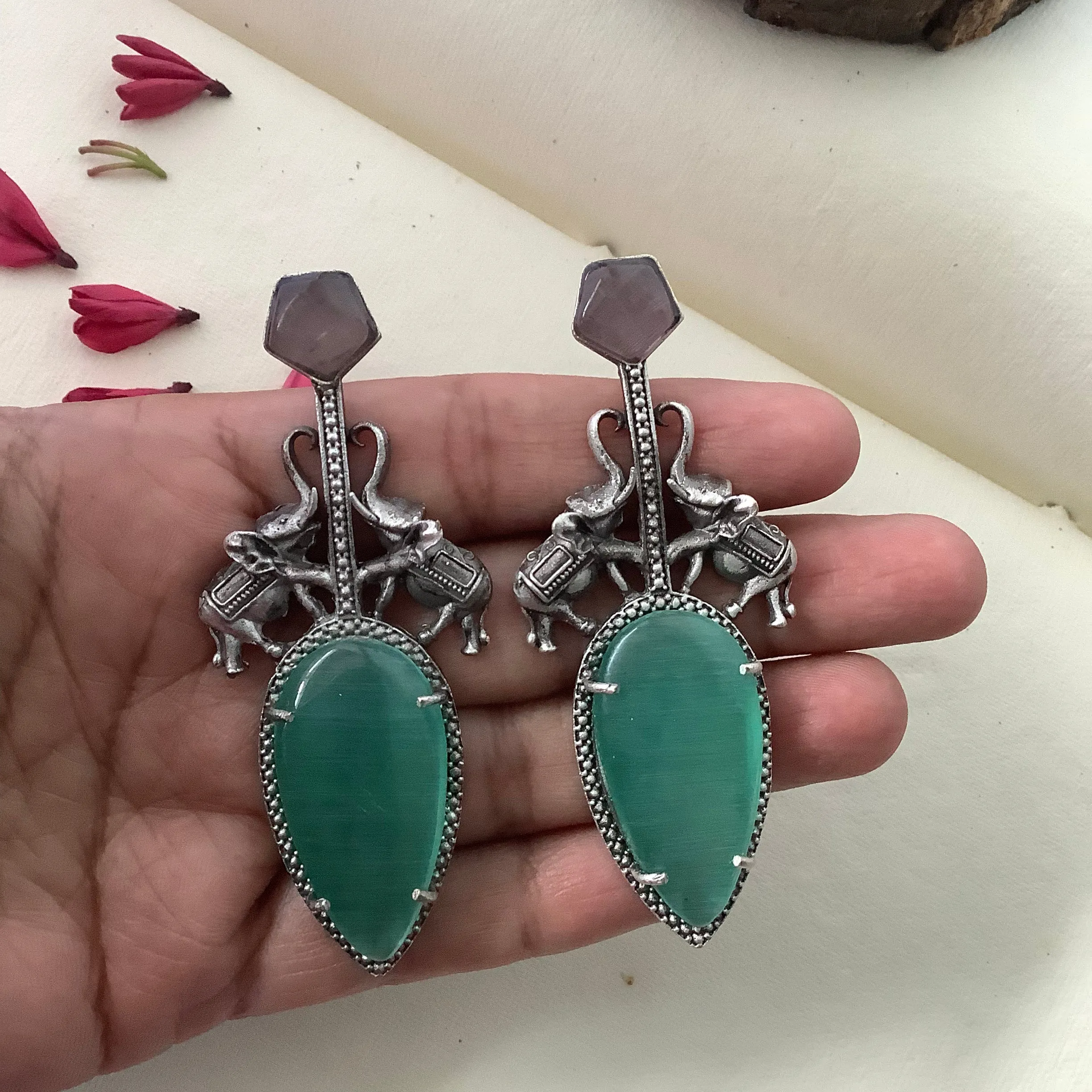 Salvanity German Silver Gaja Varchasva (Elephant Supremacy) - Earrings (Aqua Monalisa Stone)