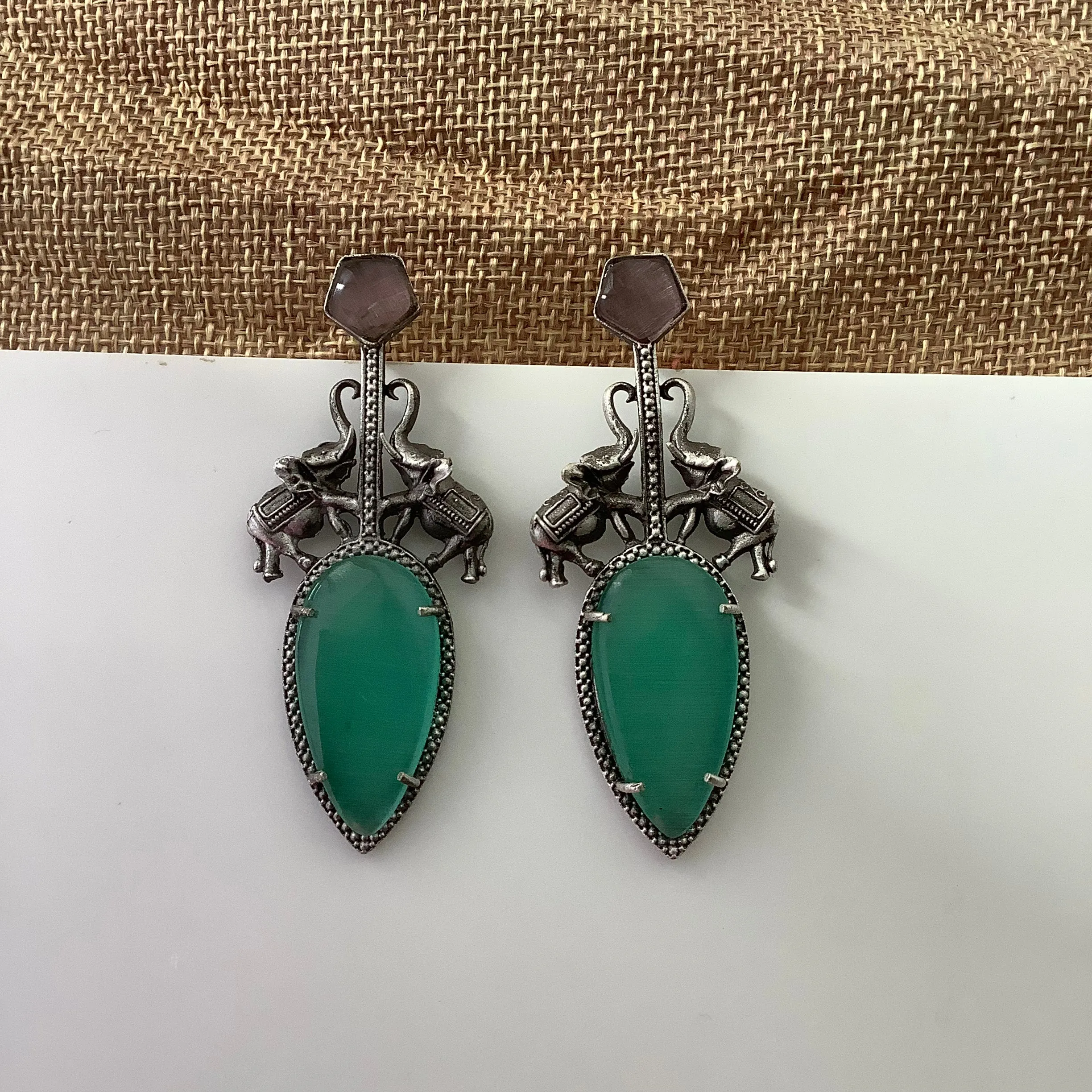 Salvanity German Silver Gaja Varchasva (Elephant Supremacy) - Earrings (Aqua Monalisa Stone)