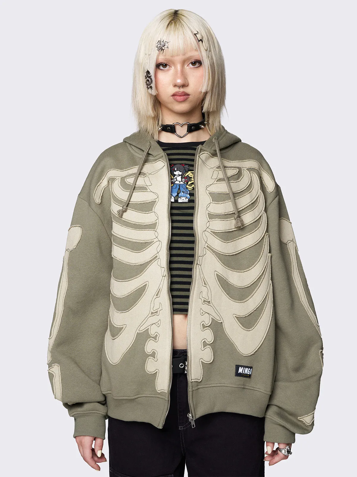 Skeleton Green Patch Oversized Zip Up Hoodie