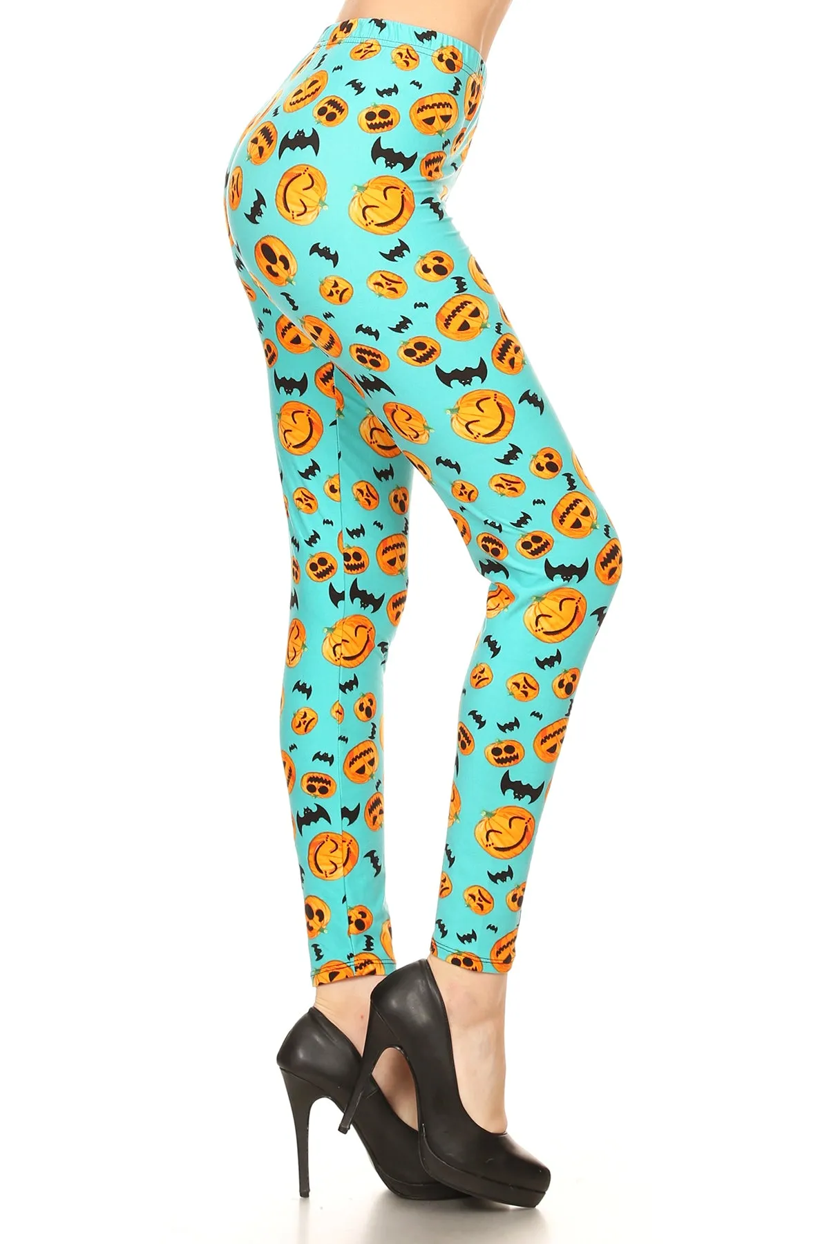 Women's PLUS Pumpkins & Bats Pattern Printed Leggings - Halloween Costume