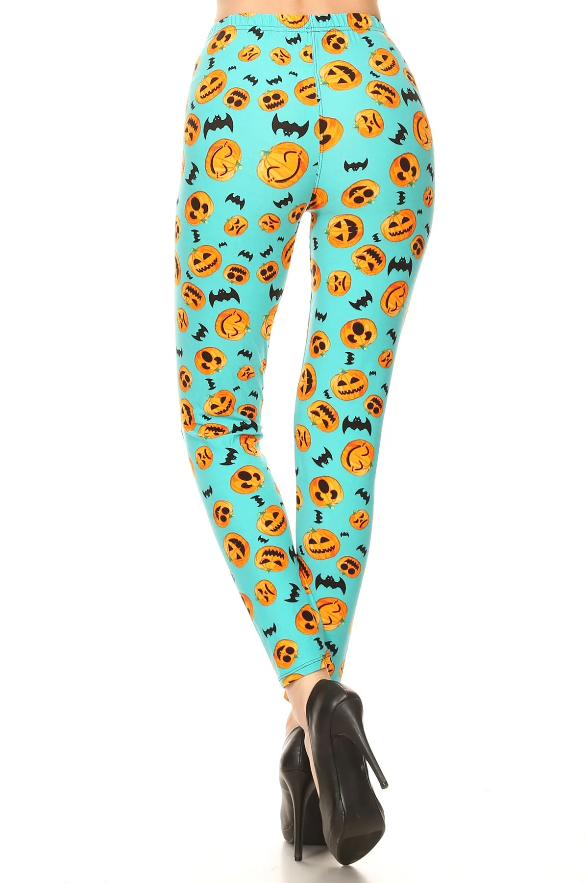 Women's PLUS Pumpkins & Bats Pattern Printed Leggings - Halloween Costume